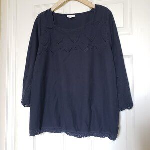 J. Jill Women's Navy Blue Eyelet Tunic Blouse Bell Sleeves - Size Large